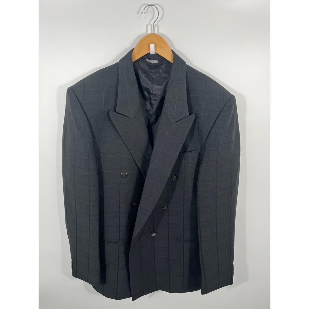 VTG Falcone Men Double Breasted Blazer 44L Black Window Pane Check Pointed Lapel